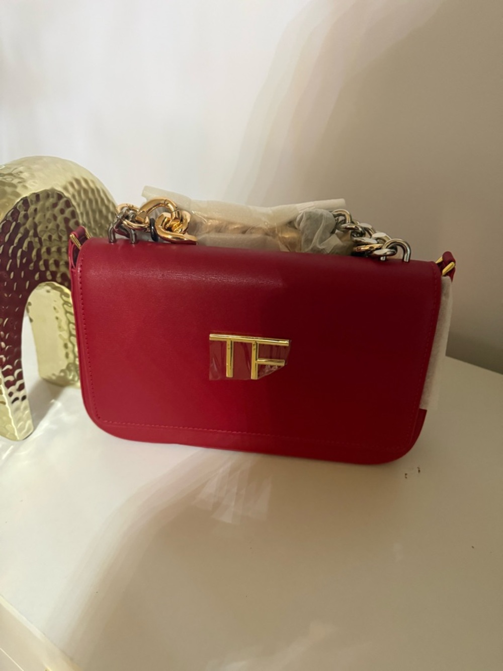 Red Leather Shoulder Bag with Gold TF Logo